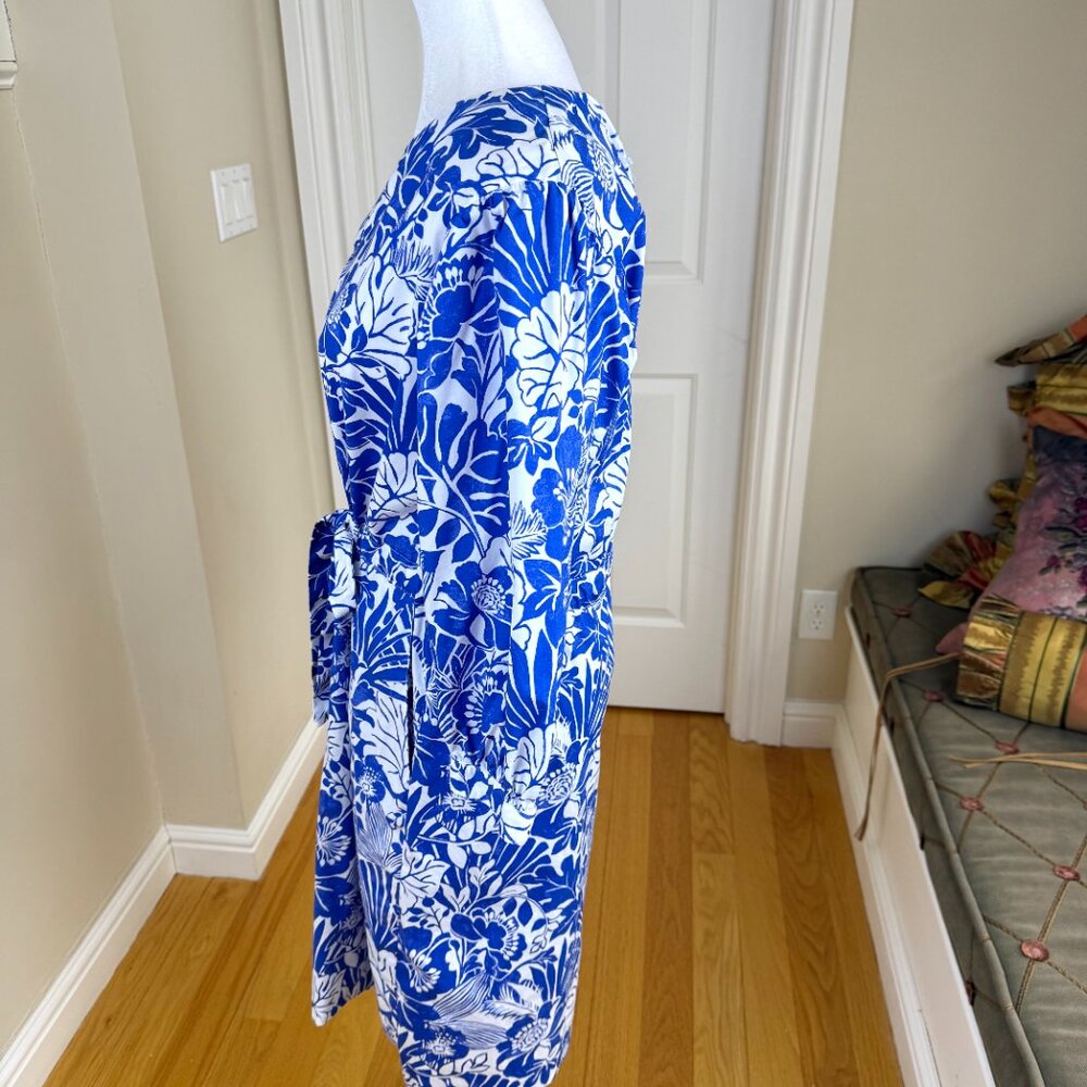 J. McLaughlin Cotton Dress Blue White Floral Crop Sleeve Resort (L) - Picture 3 of 10